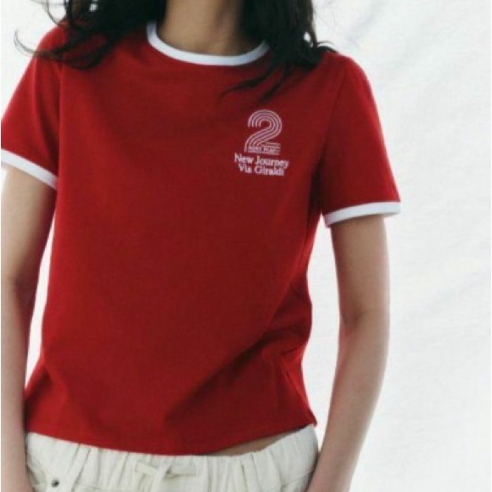 Zara Red Embroidered T-Shirt with White Accents